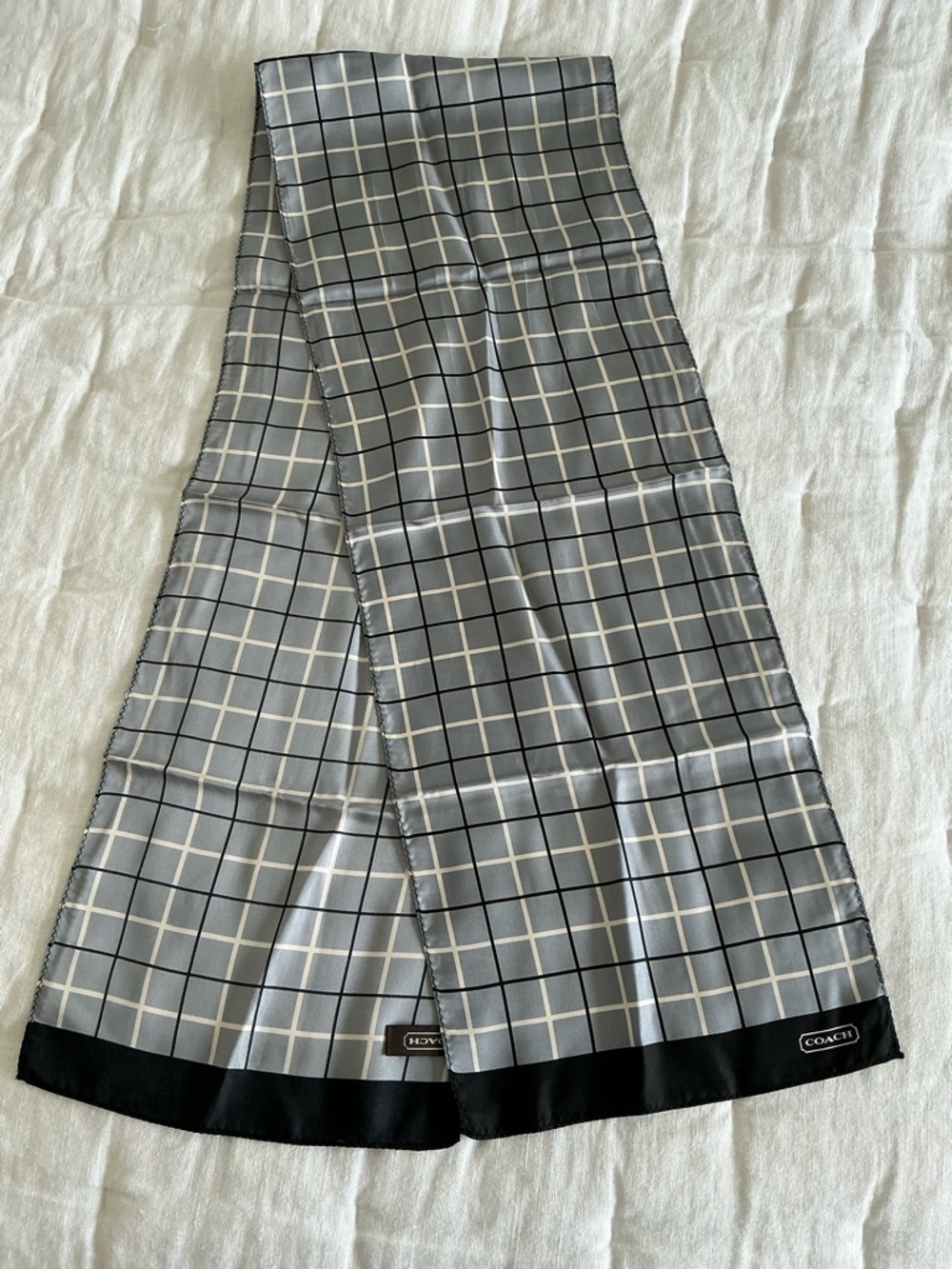 Coach Grey Plaid Silk Scarf